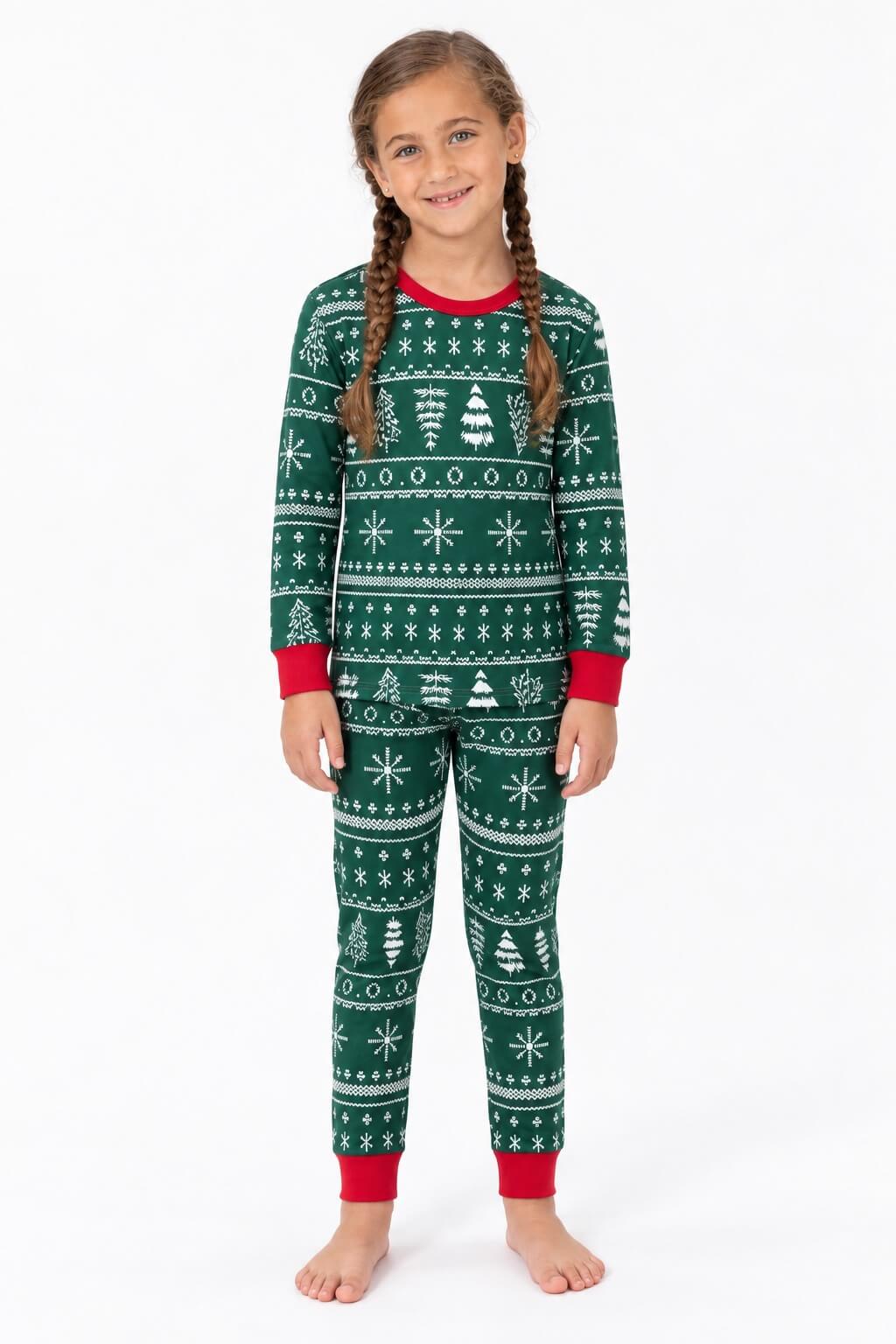 Matching family Christmas pajamas in green Fair Isle-style print with red cuffs - view 7