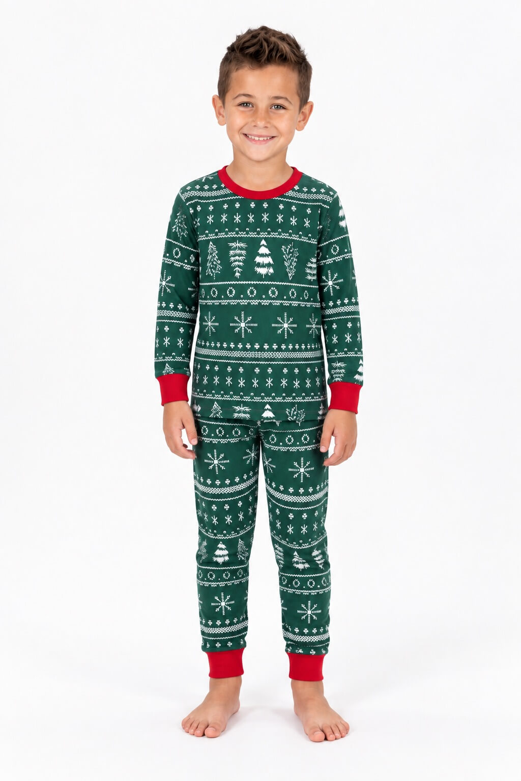 Matching family Christmas pajamas in green Fair Isle-style print with red cuffs - view 8