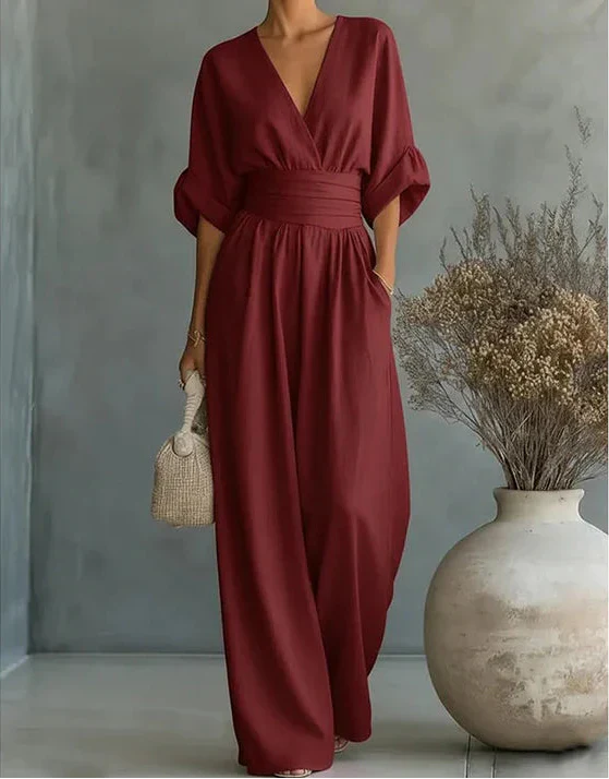 Charlotte Women's Elegant V-Neck Wide-Leg Jumpsuit