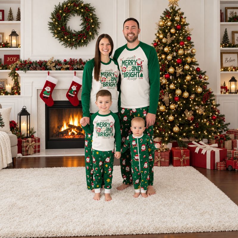 Long sleeve holiday pajama set in white and green with Merry and Bright graphic and Santa print pants