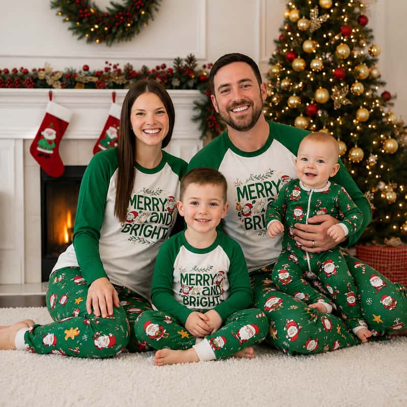 Long sleeve holiday pajama set in white and green with Merry and Bright graphic and Santa print pants - view 2