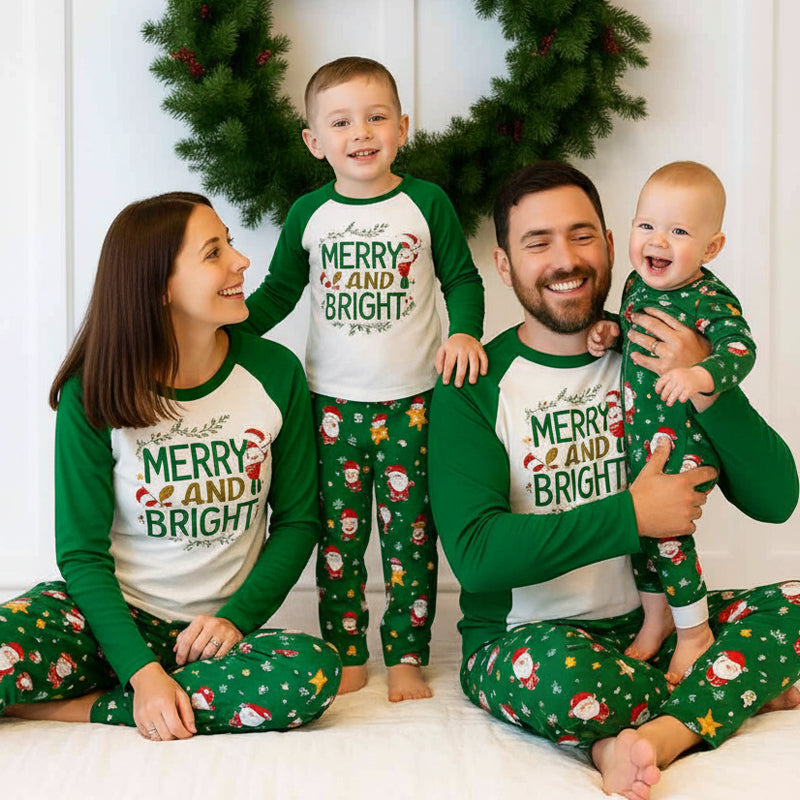 Long sleeve holiday pajama set in white and green with Merry and Bright graphic and Santa print pants - view 3