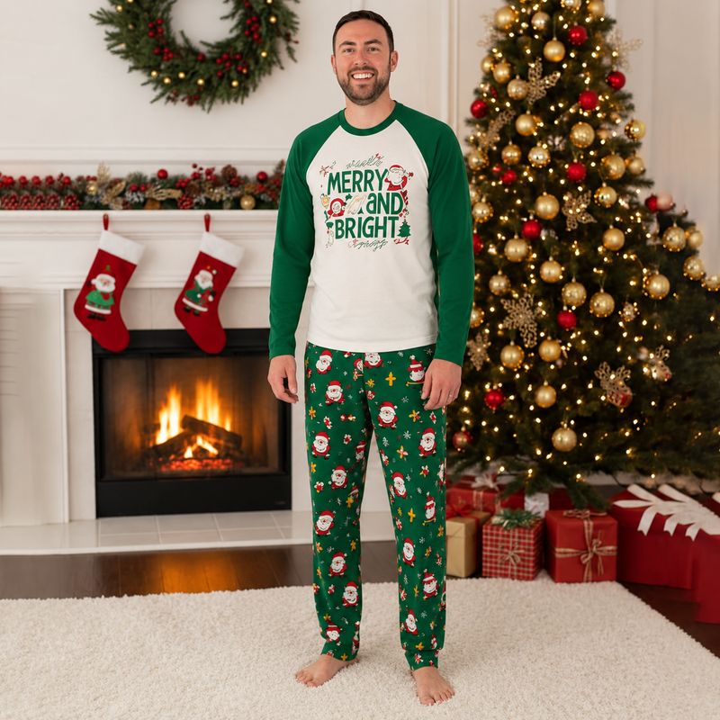 Long sleeve holiday pajama set in white and green with Merry and Bright graphic and Santa print pants - view 4
