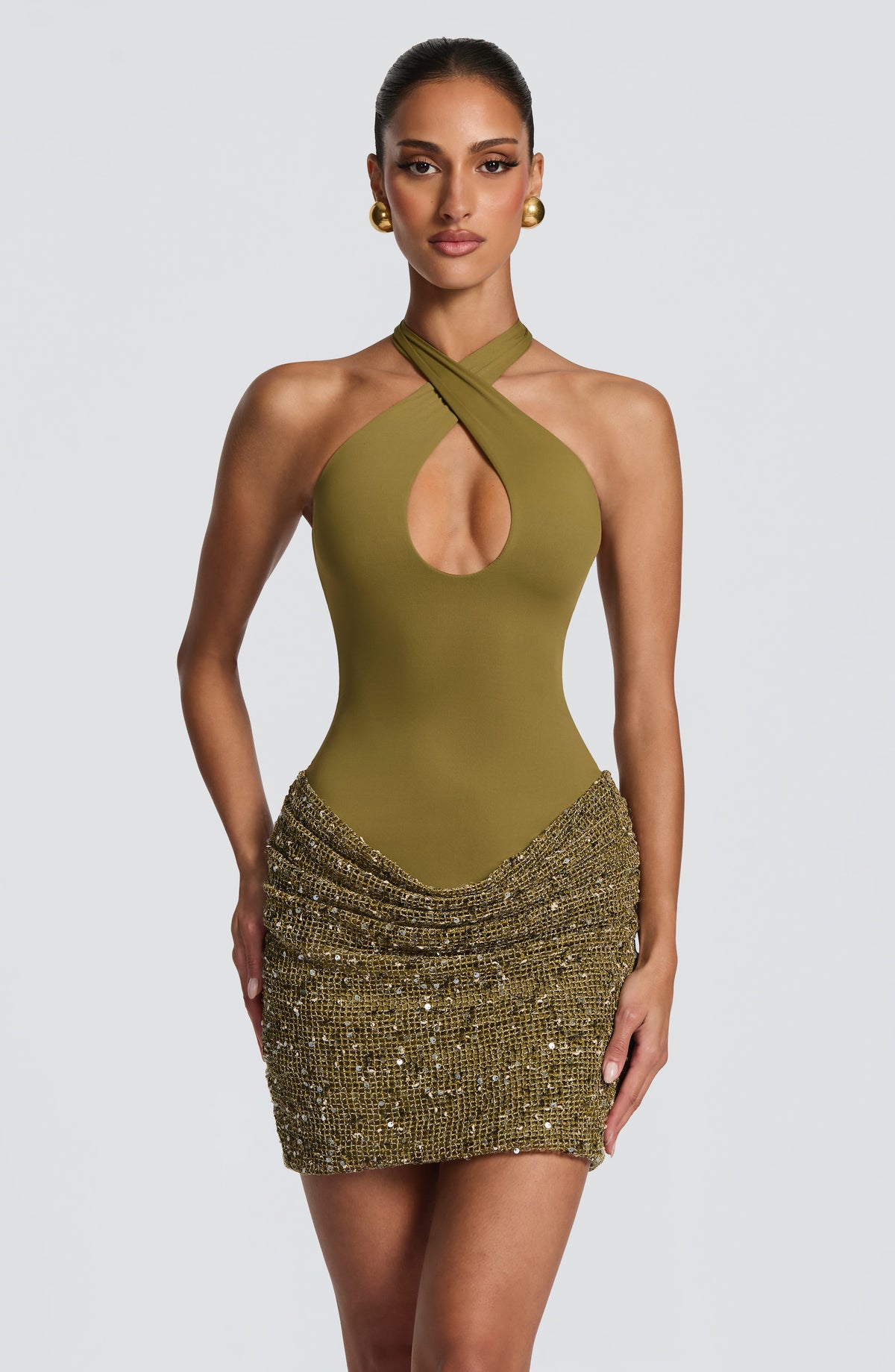 Halter sequin evening mini dress with keyhole neckline and tie back