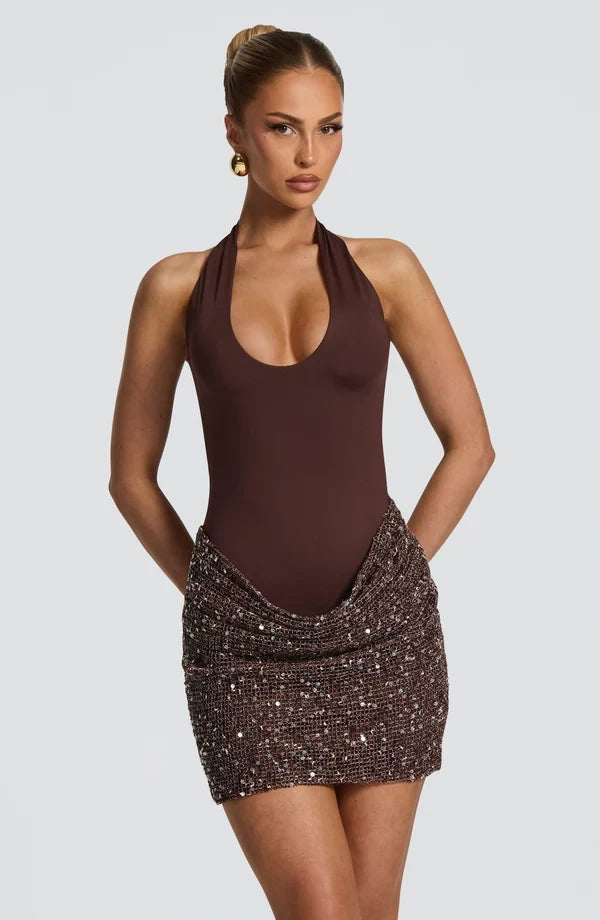 Halter sequin evening mini dress with keyhole neckline and tie back - view 10