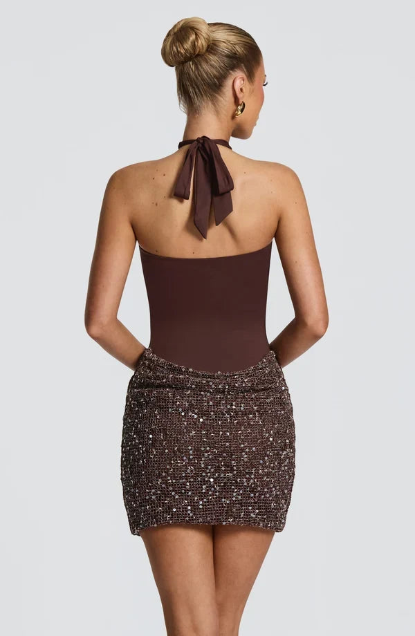 Halter sequin evening mini dress with keyhole neckline and tie back - view 11