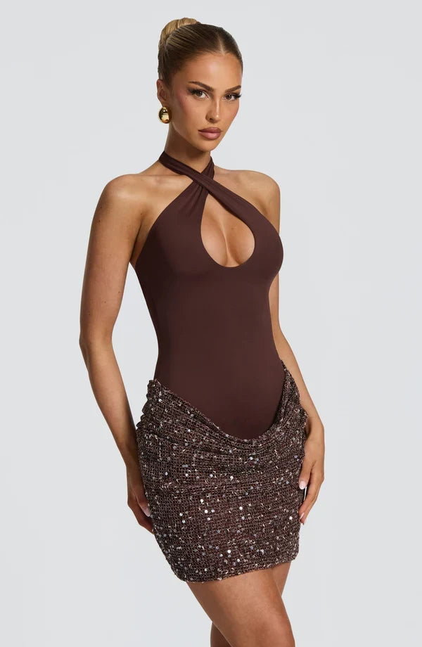 Halter sequin evening mini dress with keyhole neckline and tie back - view 12