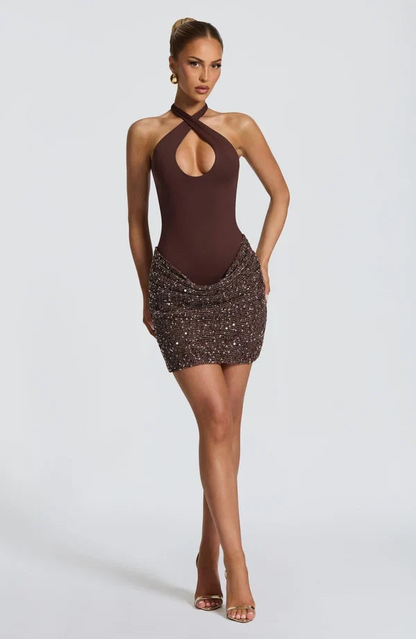 Halter sequin evening mini dress with keyhole neckline and tie back - view 13
