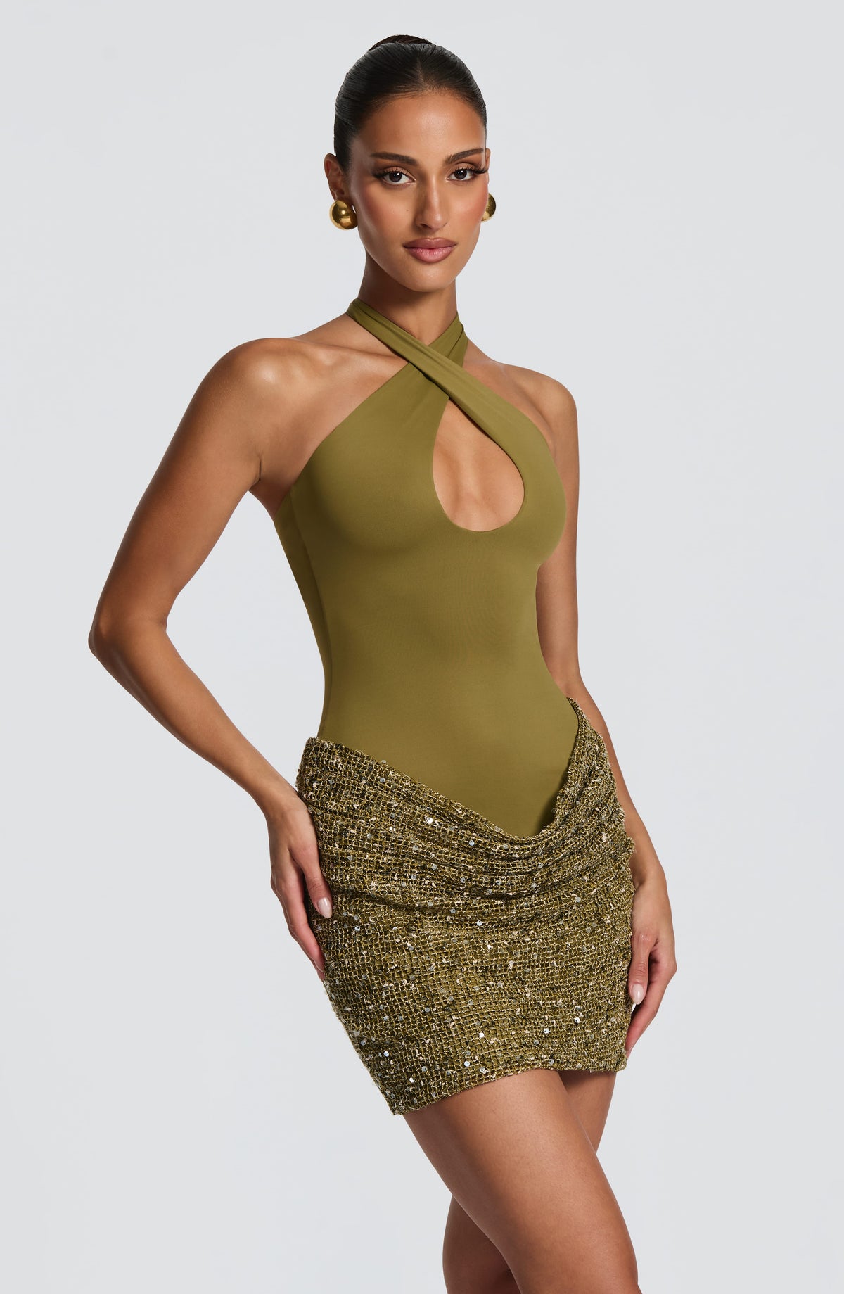 Halter sequin evening mini dress with keyhole neckline and tie back - view 3