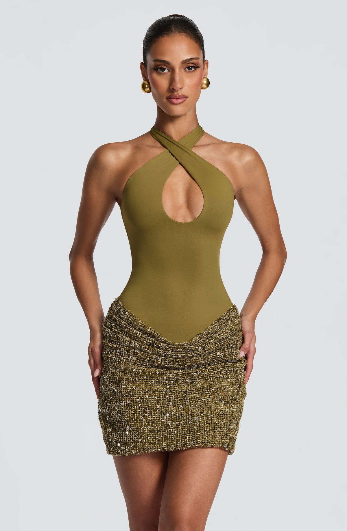 Halter sequin evening mini dress with keyhole neckline and tie back - view 7