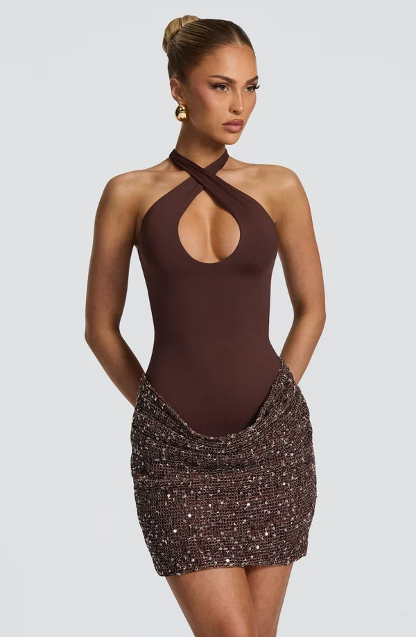 Halter sequin evening mini dress with keyhole neckline and tie back - view 9