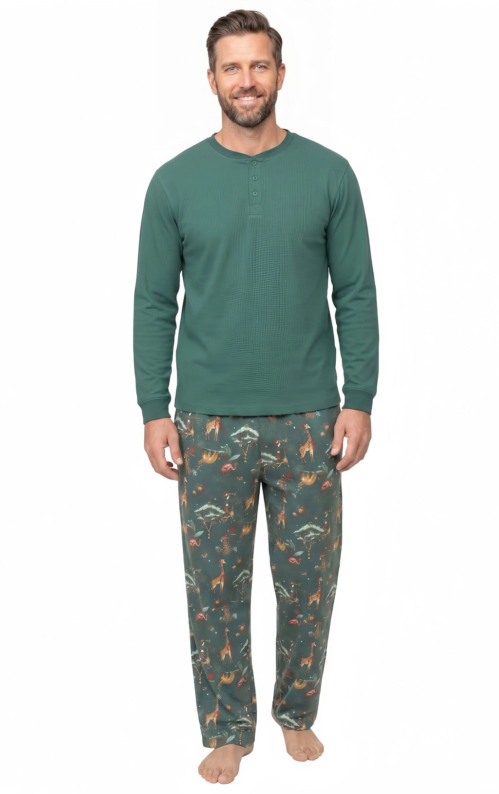 Family wearing matching teal safari animal print Christmas pajamas - view 10