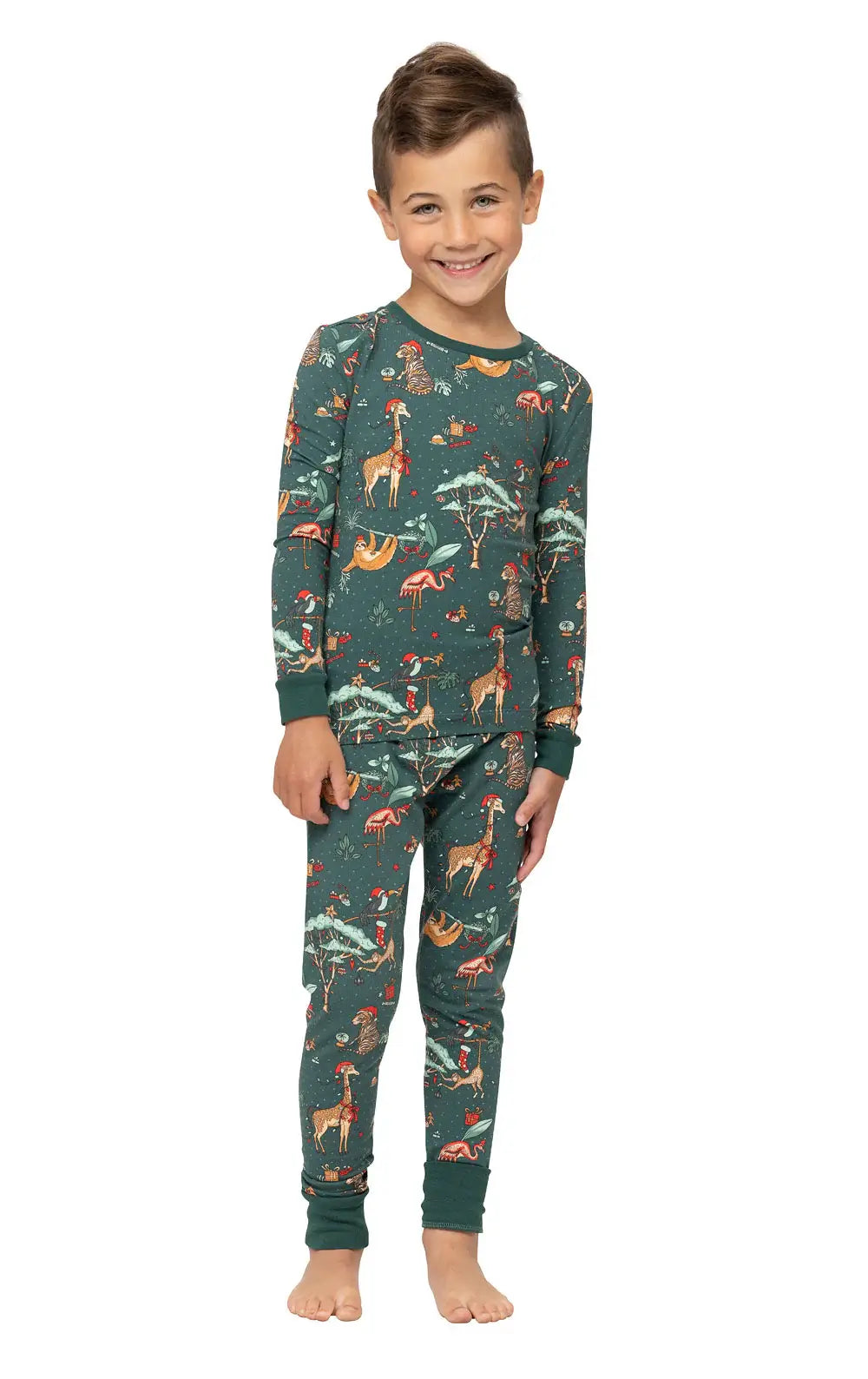 Family wearing matching teal safari animal print Christmas pajamas - view 11