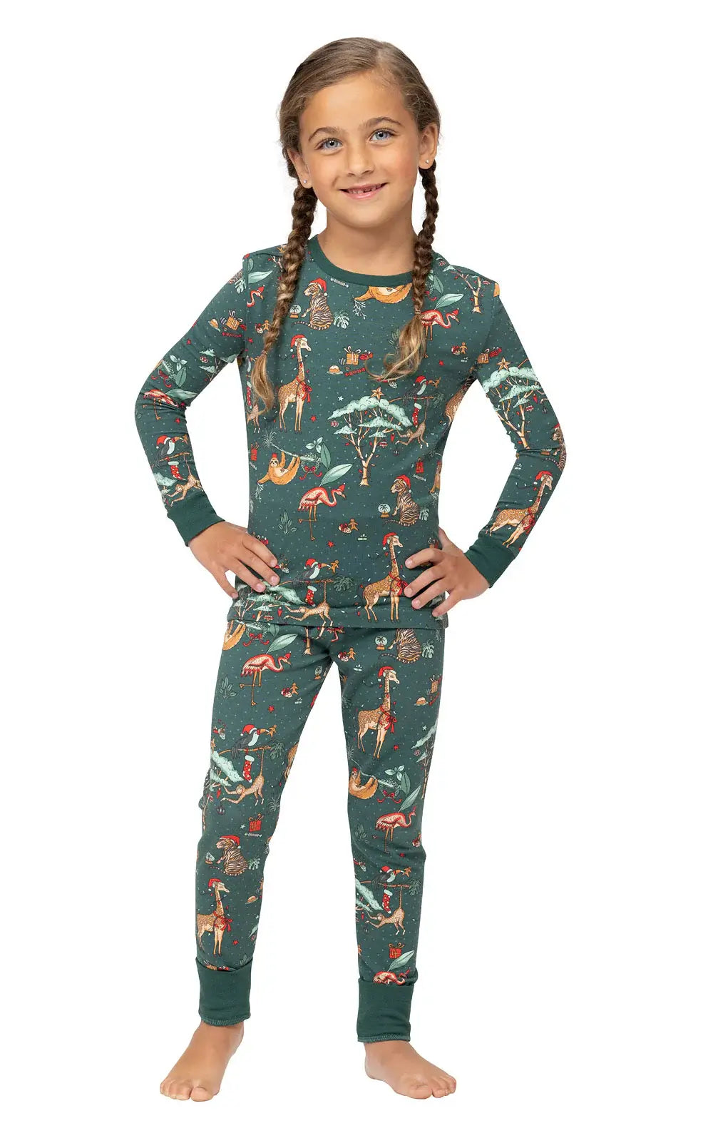 Family wearing matching teal safari animal print Christmas pajamas - view 12