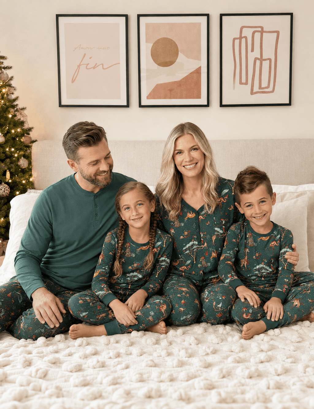 Family wearing matching teal safari animal print Christmas pajamas - view 3