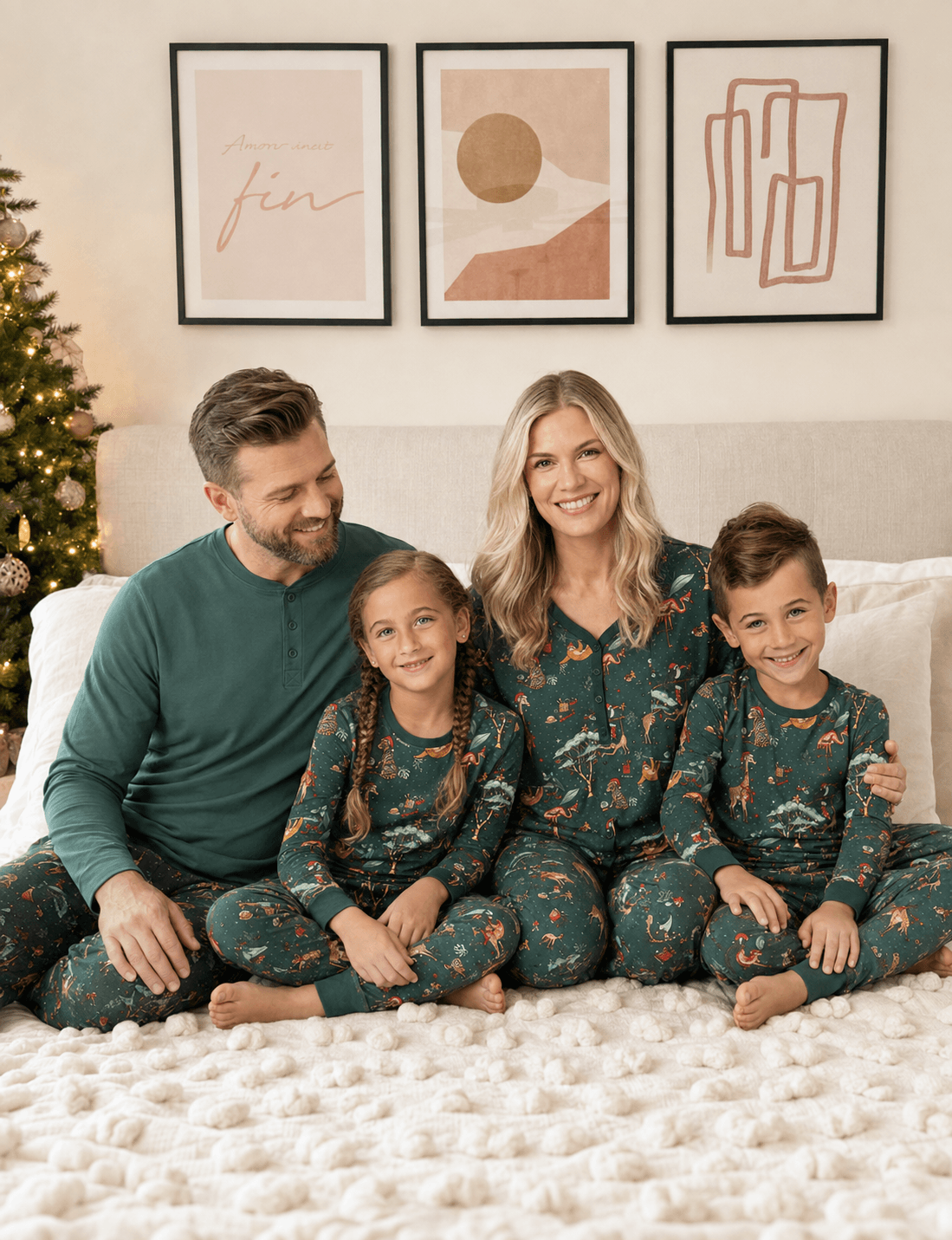 Family wearing matching teal safari animal print Christmas pajamas - view 3