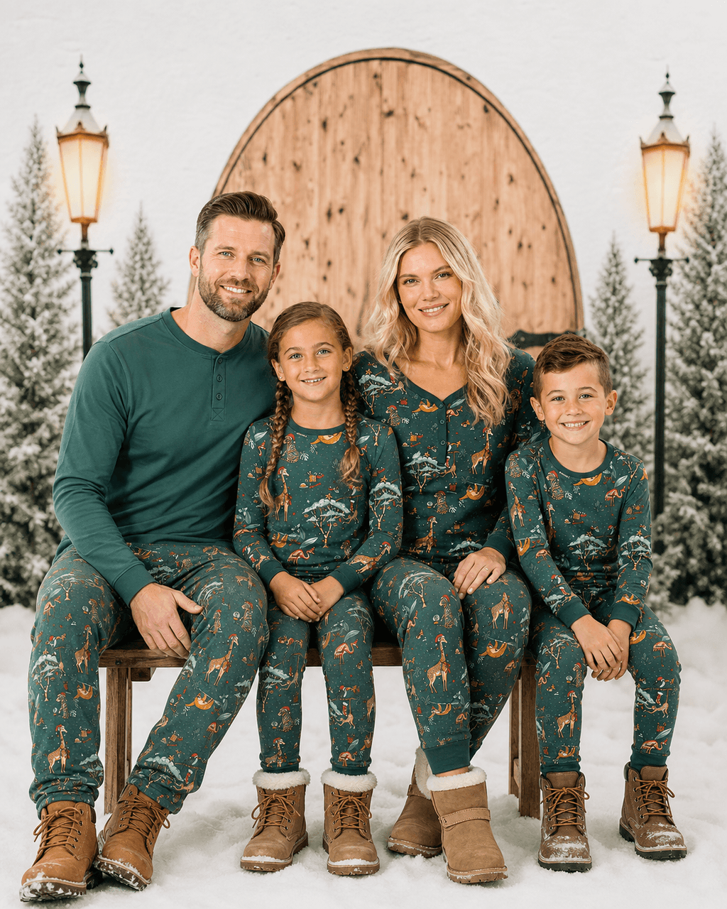 Family wearing matching teal safari animal print Christmas pajamas - view 4