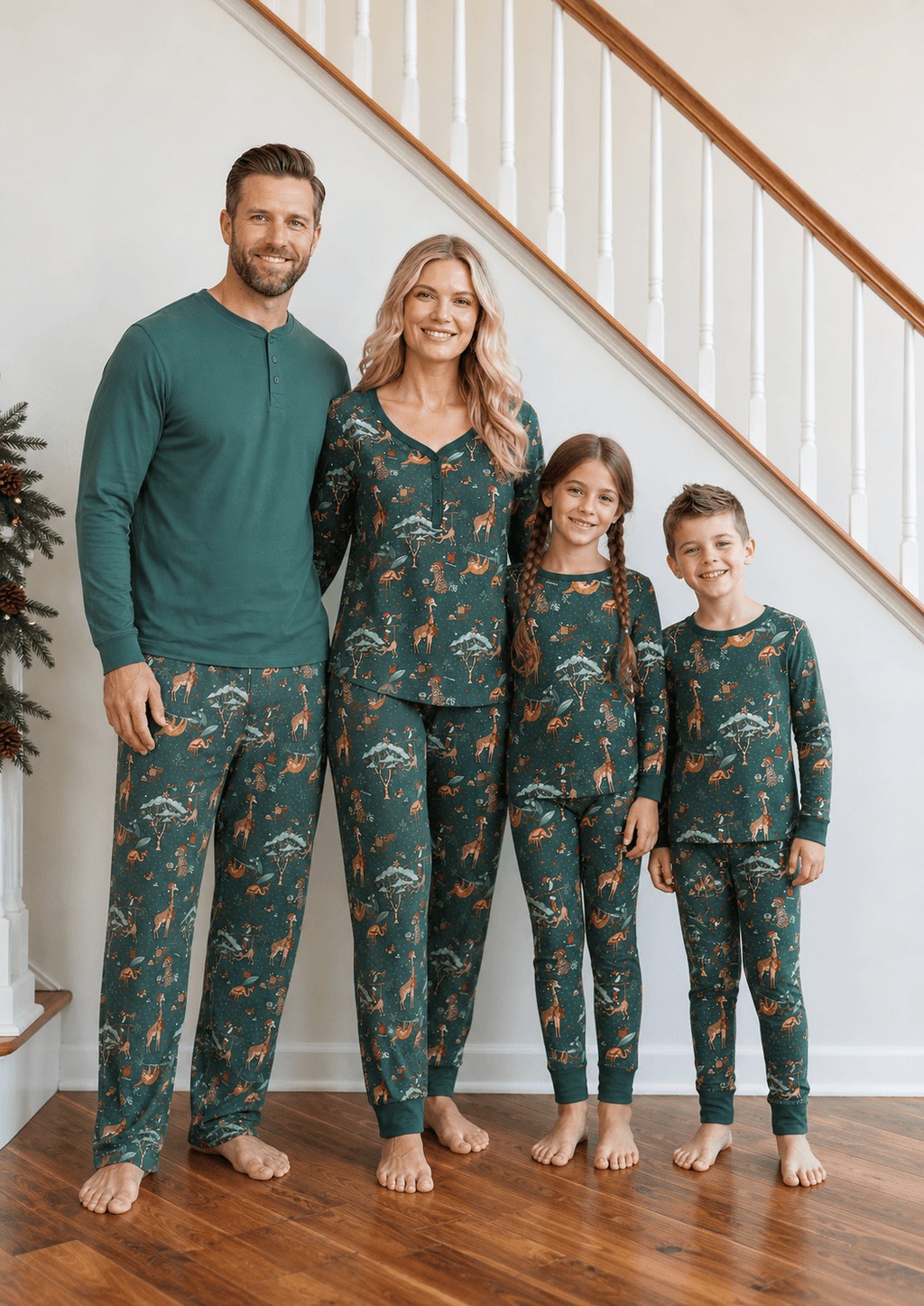 Family wearing matching teal safari animal print Christmas pajamas - view 5