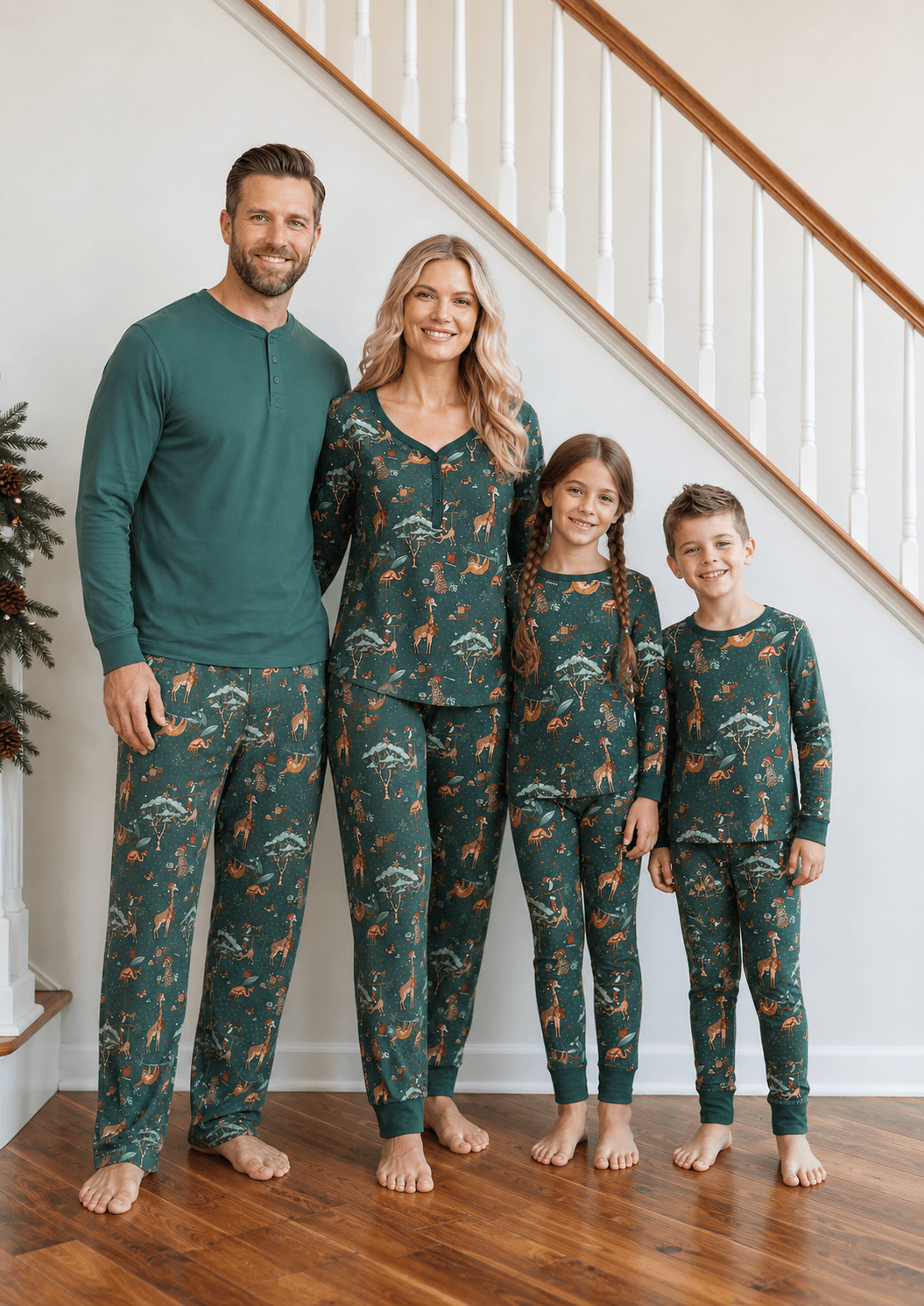 Family wearing matching teal safari animal print Christmas pajamas - view 5