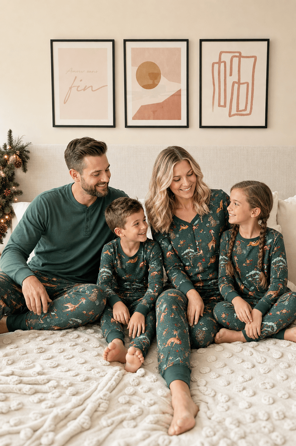 Family wearing matching teal safari animal print Christmas pajamas - view 6