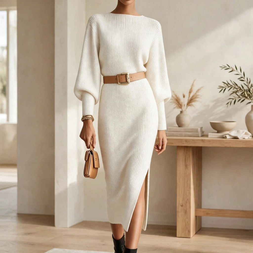 Tilda balloon sleeve rib knit midi dress with belted waist and side slit - view 3