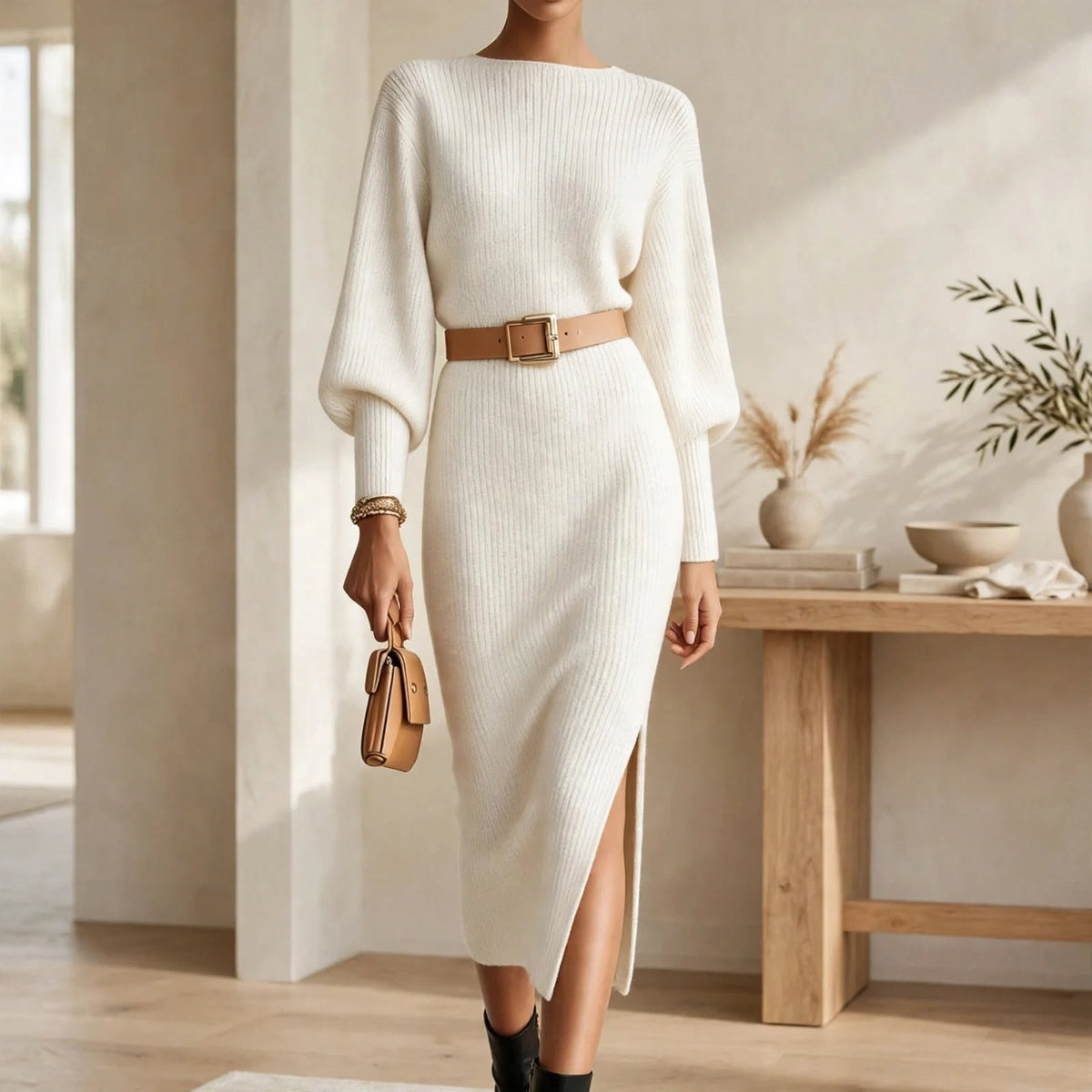Tilda balloon sleeve rib knit midi dress with belted waist and side slit - view 3