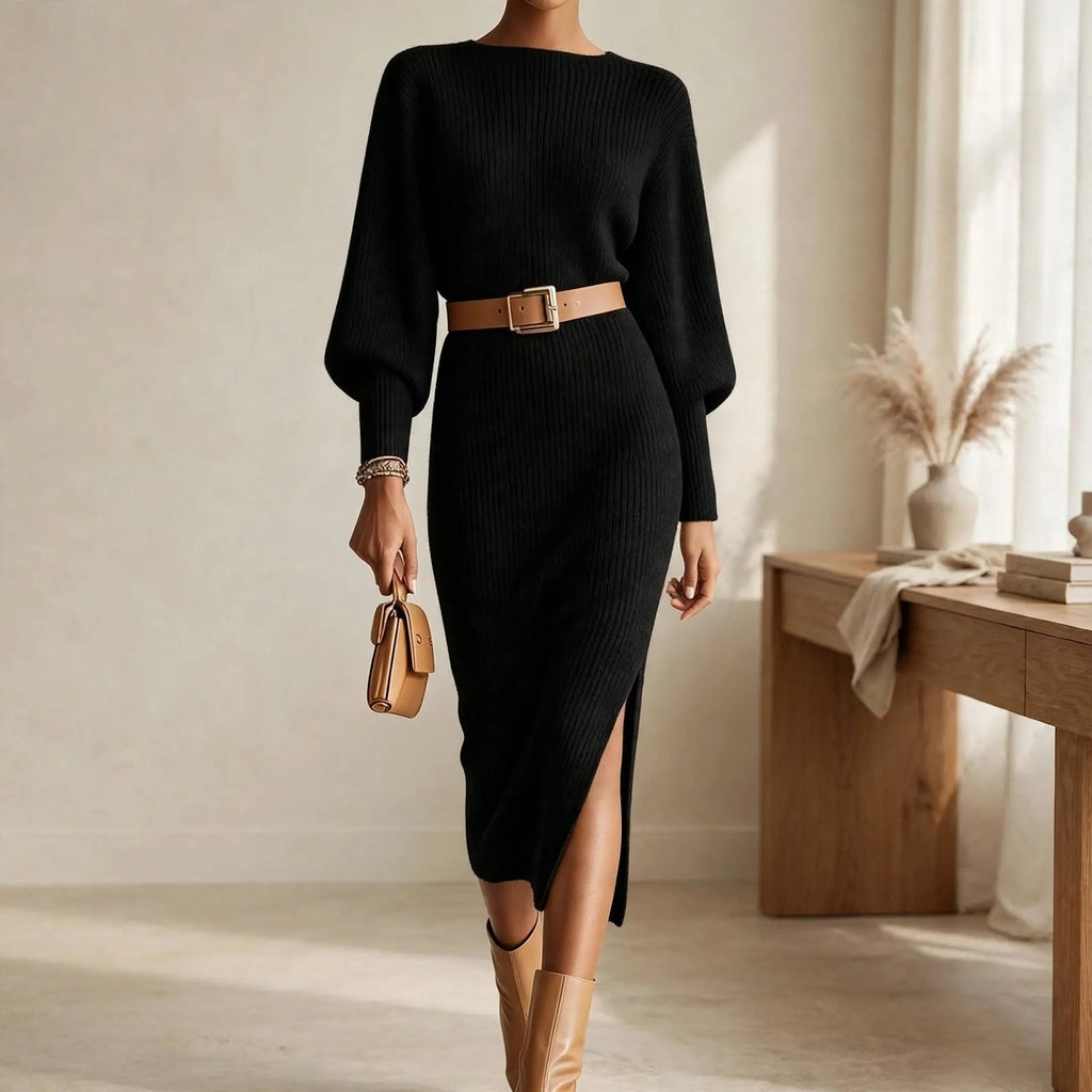 Tilda balloon sleeve rib knit midi dress with belted waist and side slit - view 5