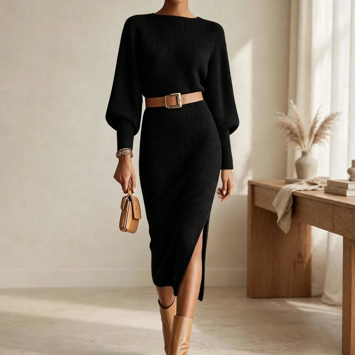 Tilda balloon sleeve rib knit midi dress with belted waist and side slit - view 5