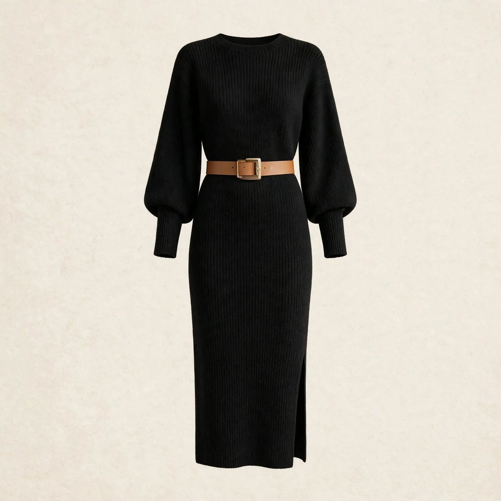 Tilda balloon sleeve rib knit midi dress with belted waist and side slit - view 6