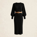 Tilda balloon sleeve rib knit midi dress with belted waist and side slit - view 6