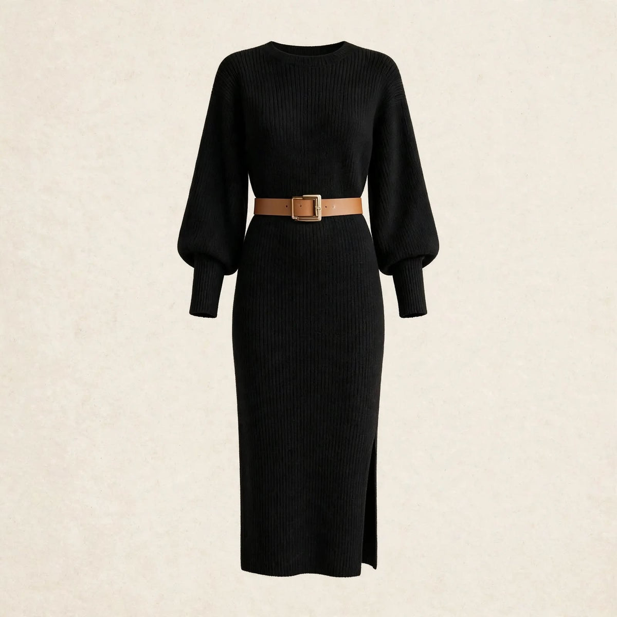Tilda balloon sleeve rib knit midi dress with belted waist and side slit - view 6