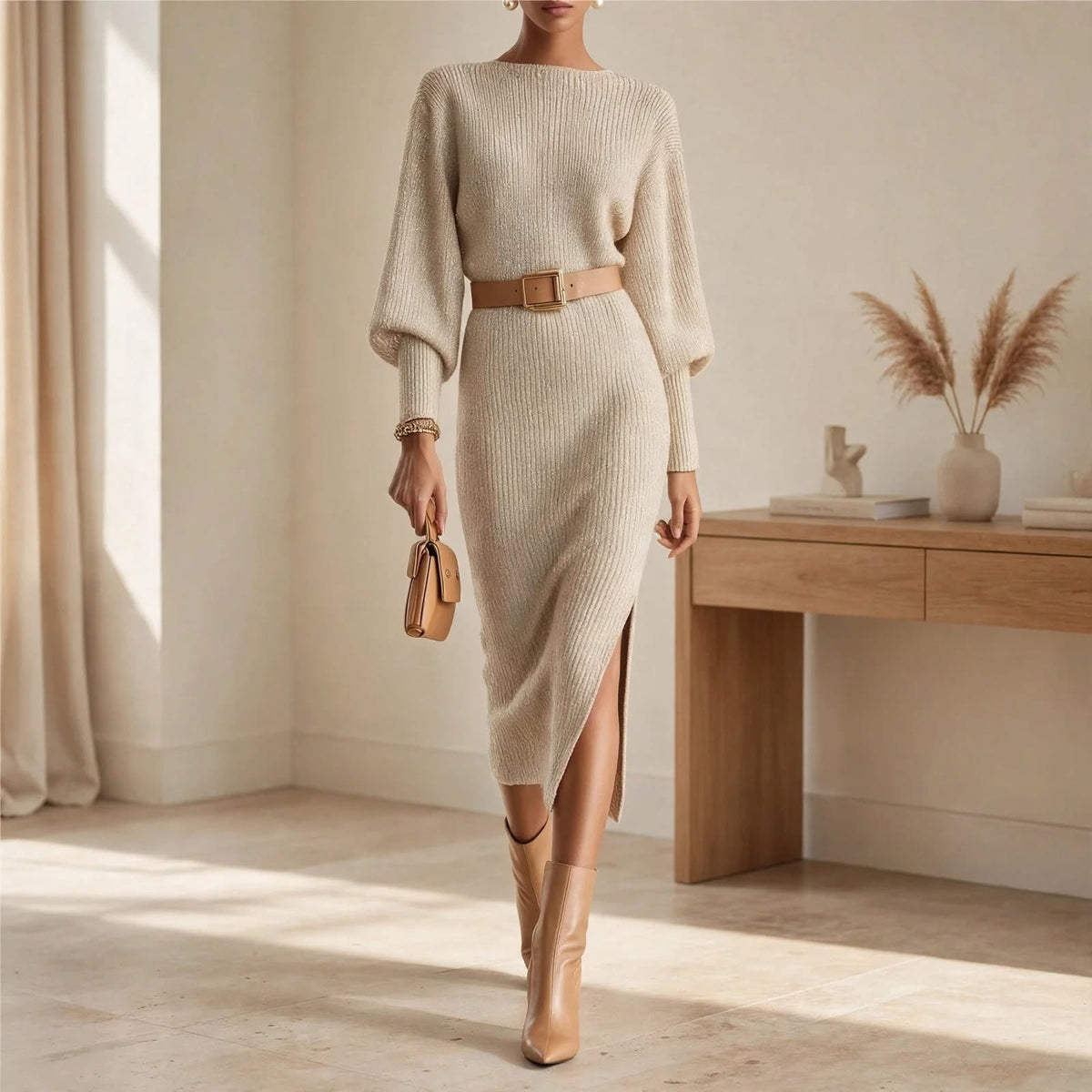 Tilda balloon sleeve rib knit midi dress with belted waist and side slit - view 7