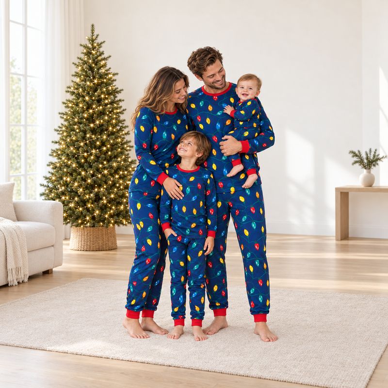 Matching family pajamas with navy holiday lights print and red ribbed trim