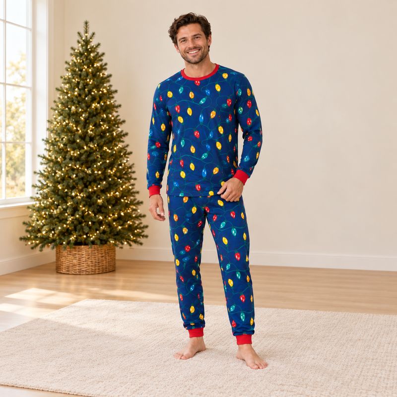 Matching family pajamas with navy holiday lights print and red ribbed trim - view 2