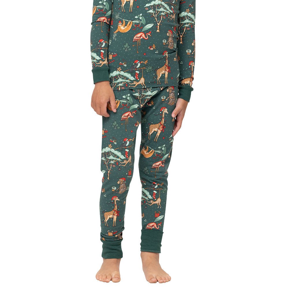 Matching family Christmas pajamas in green with festive safari animal print - view 10