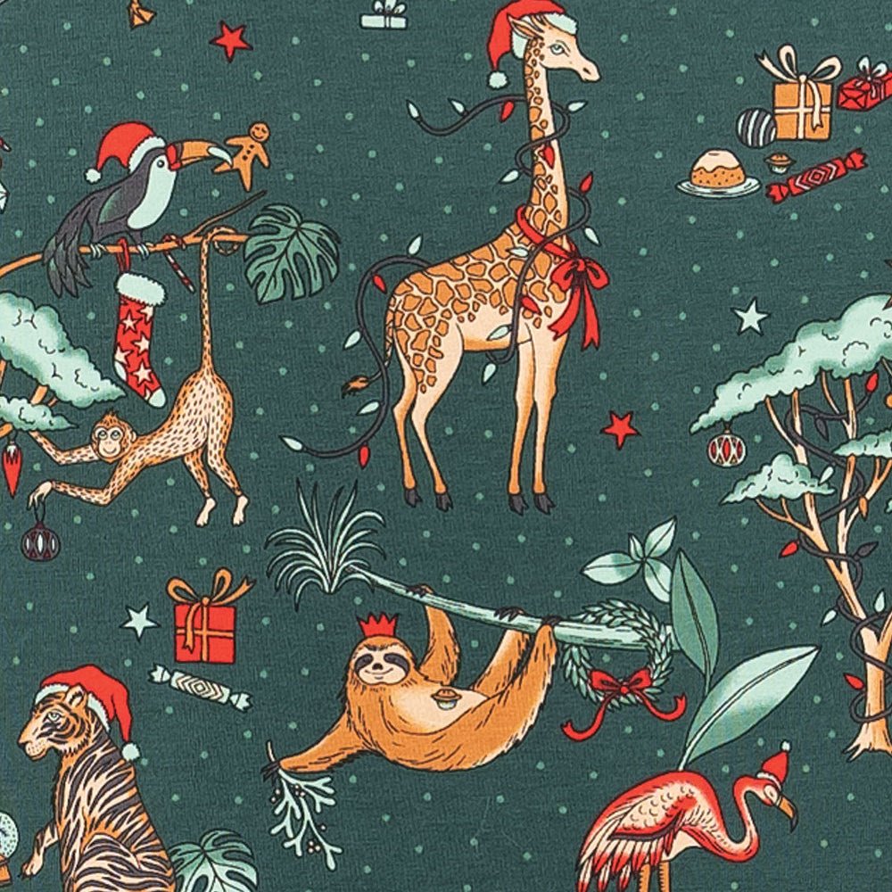 Matching family Christmas pajamas in green with festive safari animal print - view 13
