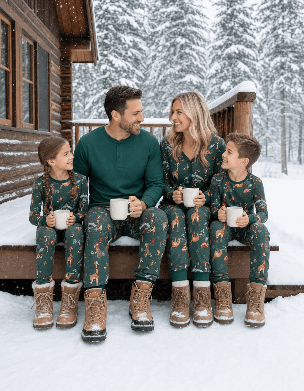 Matching family Christmas pajamas in green with festive safari animal print - view 2