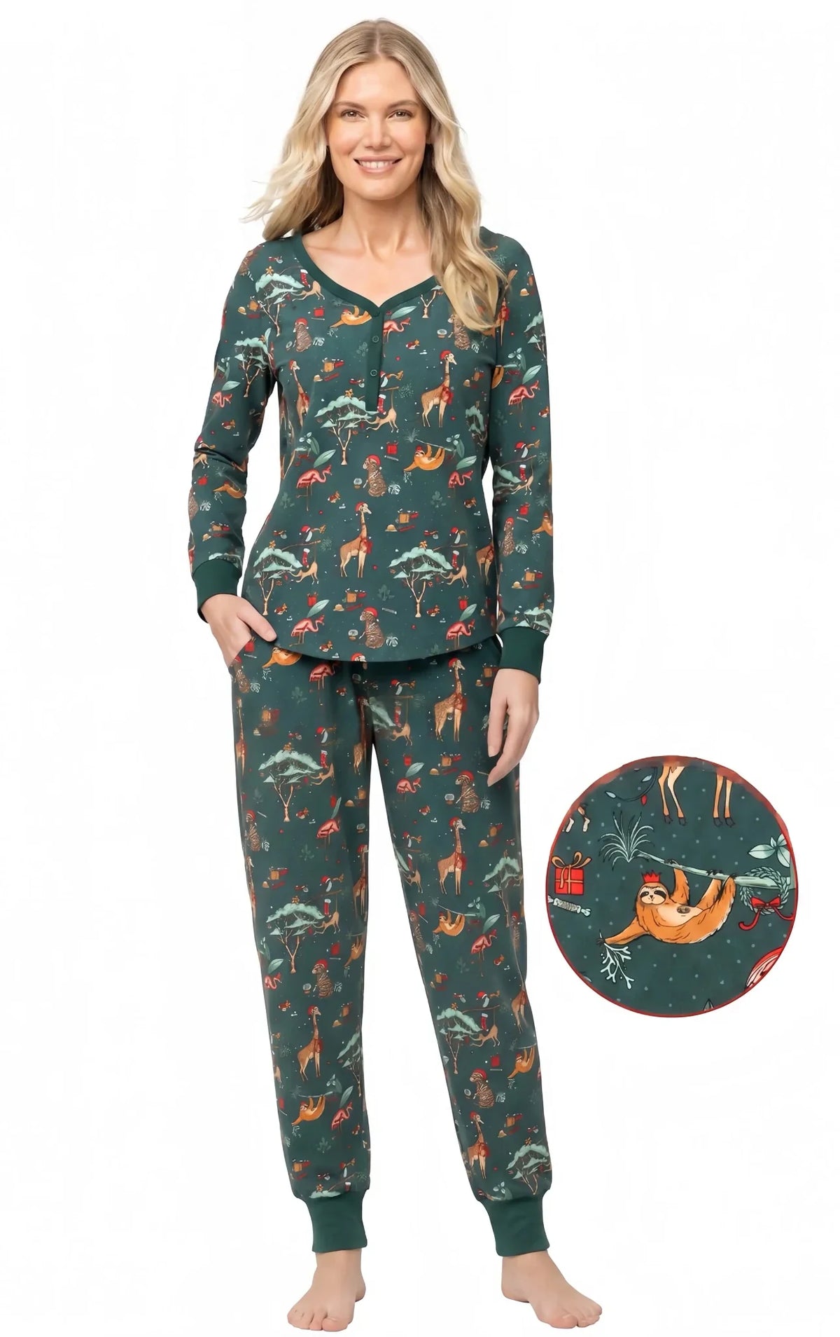 Matching family Christmas pajamas in green with festive safari animal print - view 4