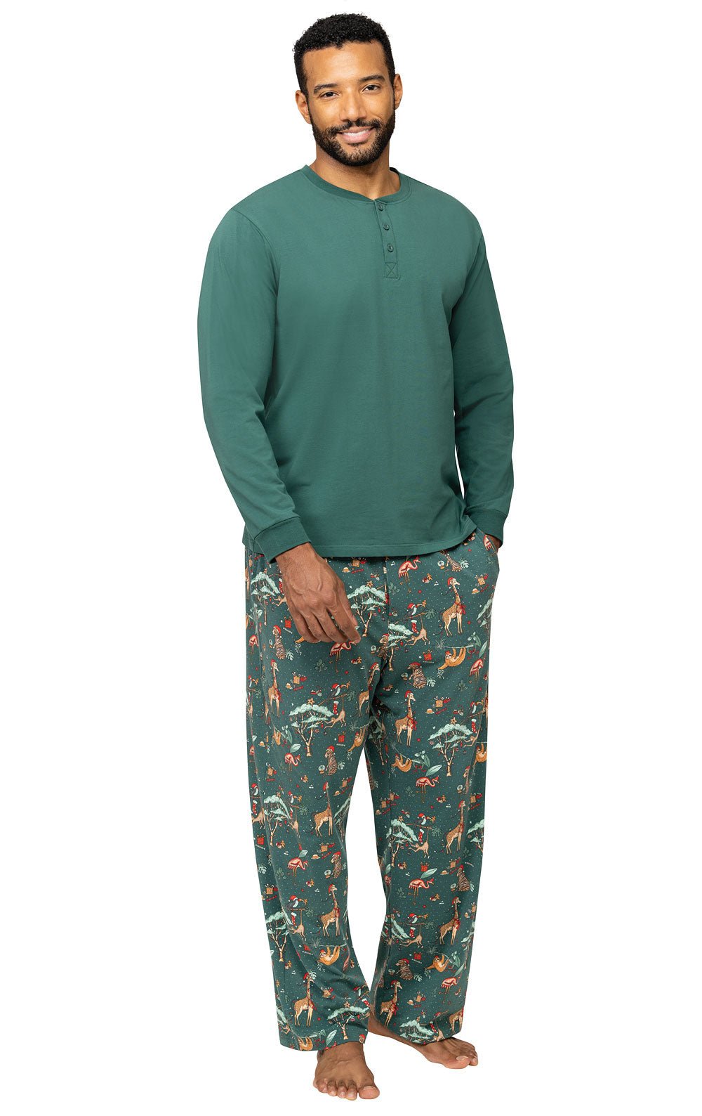 Matching family Christmas pajamas in green with festive safari animal print - view 5