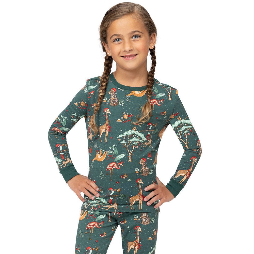 Matching family Christmas pajamas in green with festive safari animal print - view 8