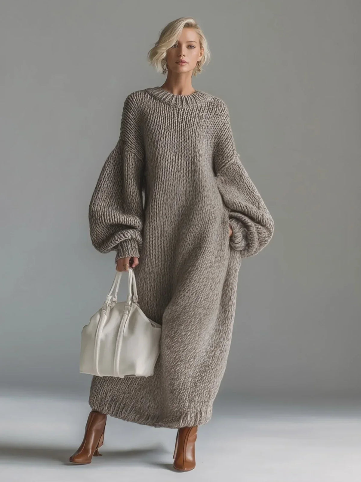 Chunky knit long sleeve maxi dress with balloon sleeves and ribbed crewneck