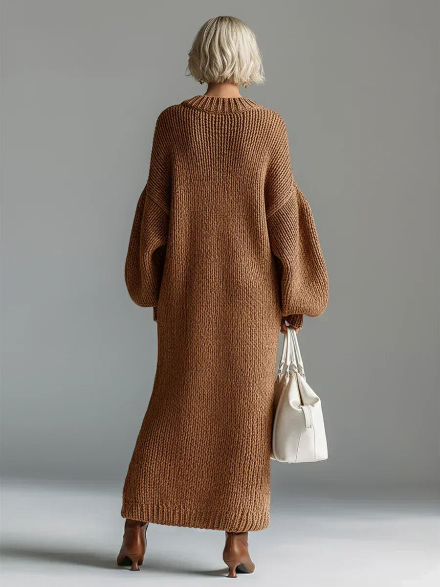 Chunky knit long sleeve maxi dress with balloon sleeves and ribbed crewneck - view 3