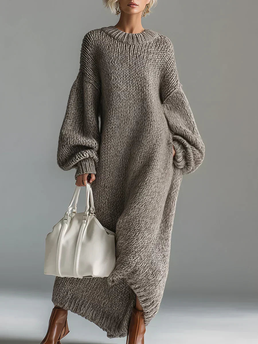 Chunky knit long sleeve maxi dress with balloon sleeves and ribbed crewneck - view 6
