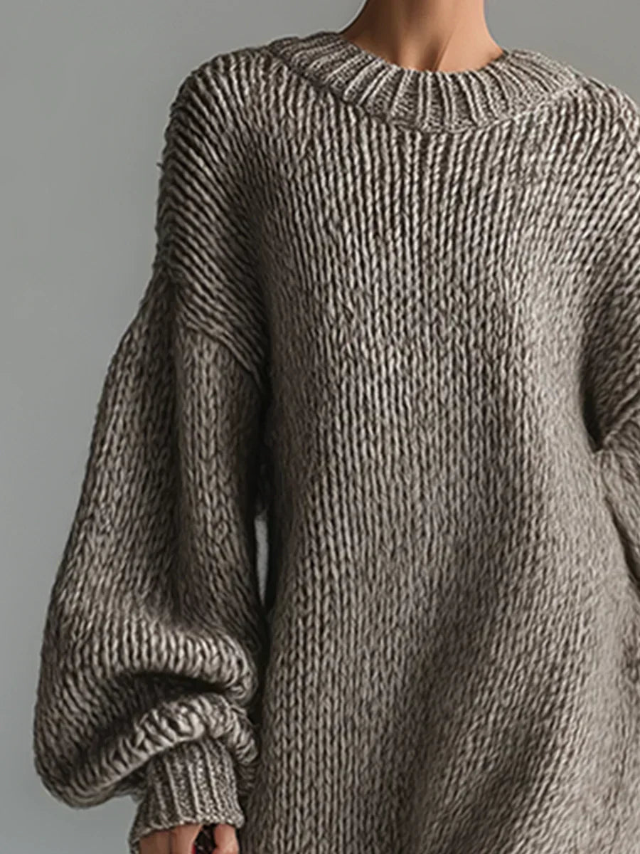 Chunky knit long sleeve maxi dress with balloon sleeves and ribbed crewneck - view 7