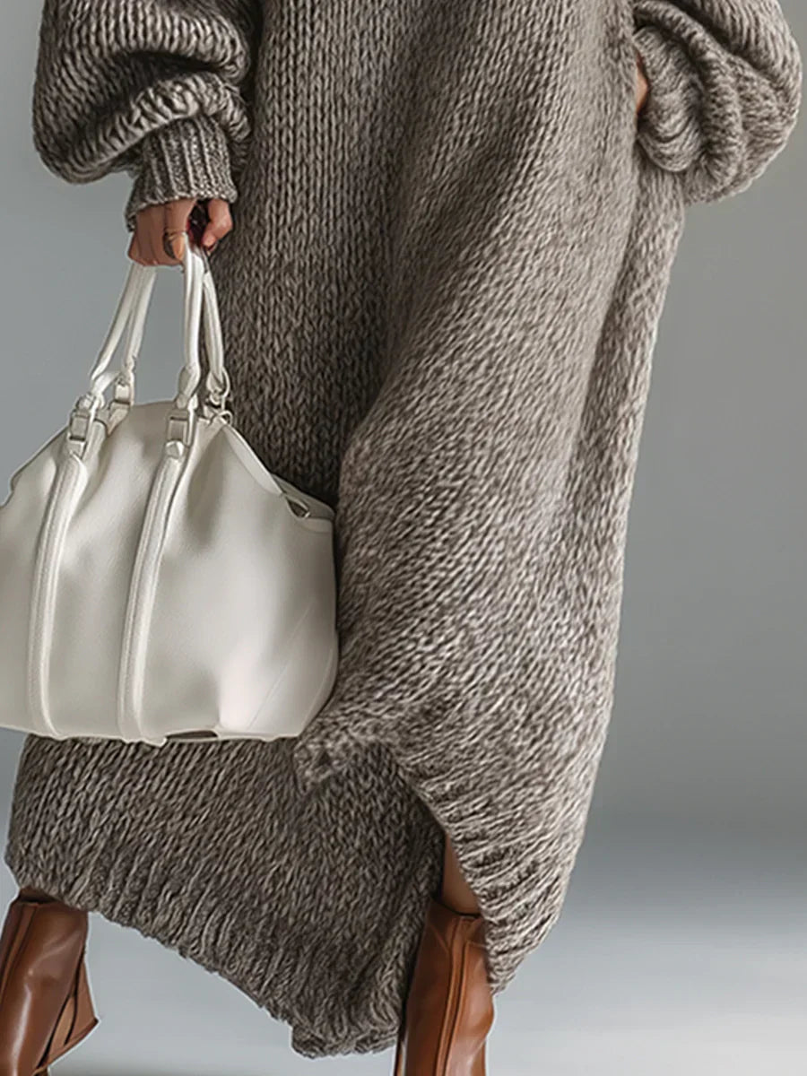 Chunky knit long sleeve maxi dress with balloon sleeves and ribbed crewneck - view 8