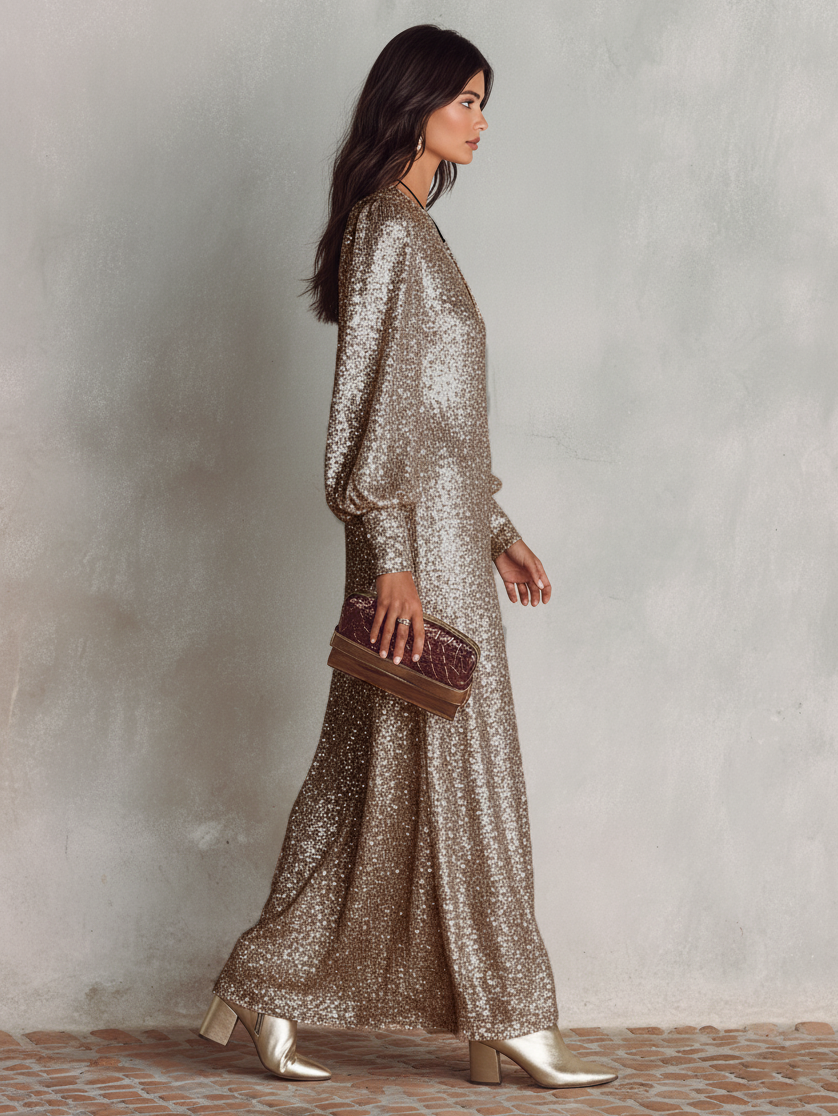 Valerie sequin long sleeve maxi dress with V-neck and balloon sleeves - view 8