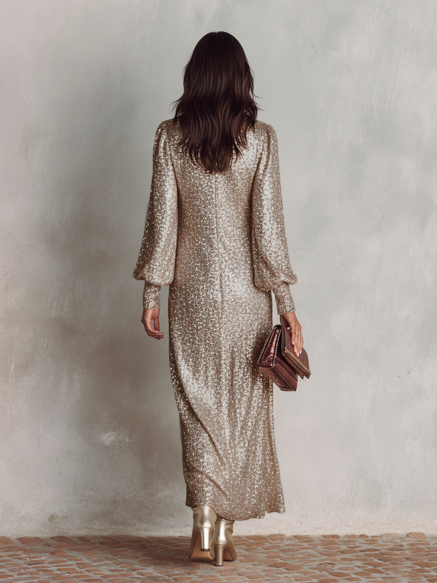 Valerie sequin long sleeve maxi dress with V-neck and balloon sleeves - view 9