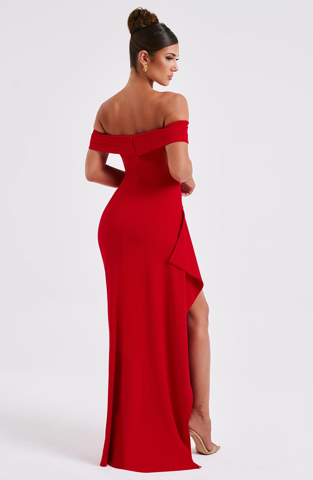 Black off-shoulder glitter formal maxi dress with ruched bodice, side drape and high slit - view 10