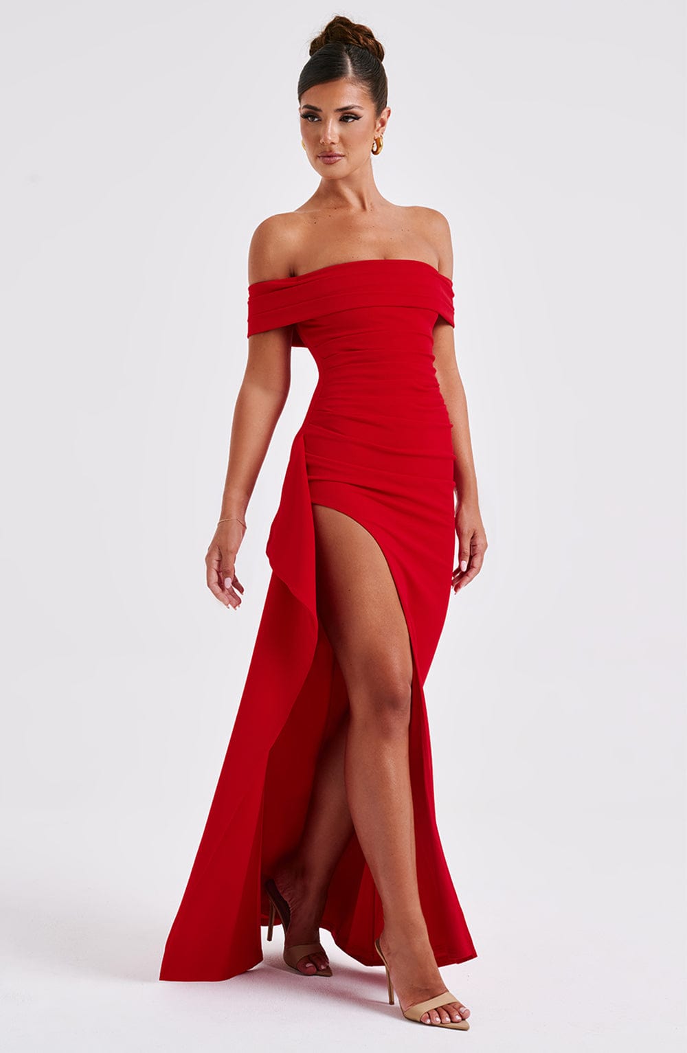 Black off-shoulder glitter formal maxi dress with ruched bodice, side drape and high slit - view 11