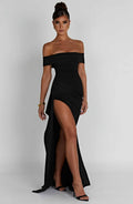 Black off-shoulder glitter formal maxi dress with ruched bodice, side drape and high slit - view 13